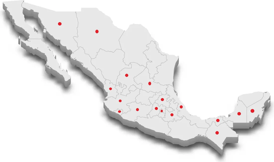 Mapa de México señalando las plazas donde Valcon Solutions presta servicio