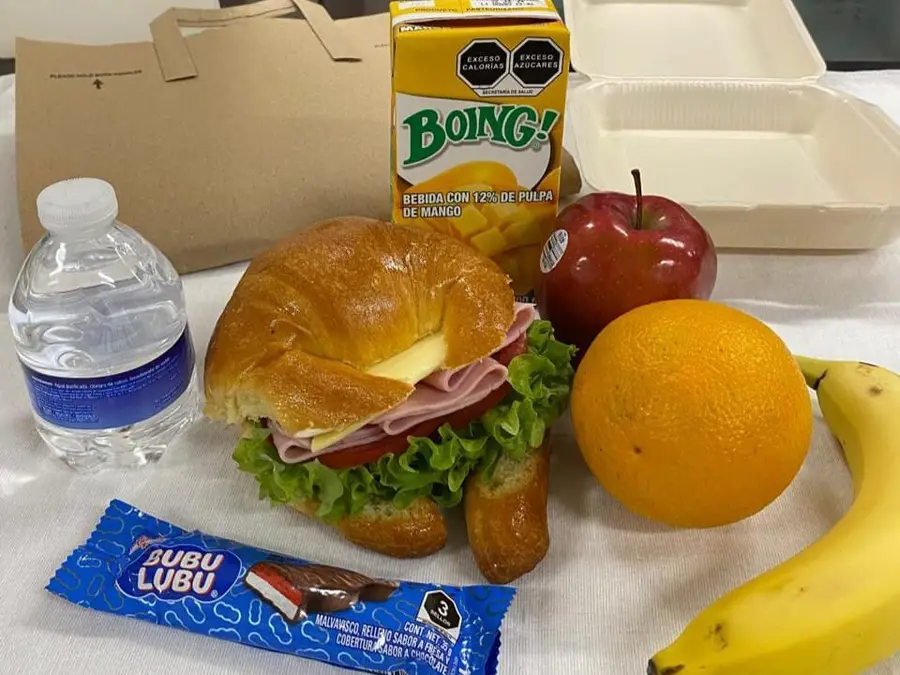 Box lunch con sándwich, fruta, botana y bebida